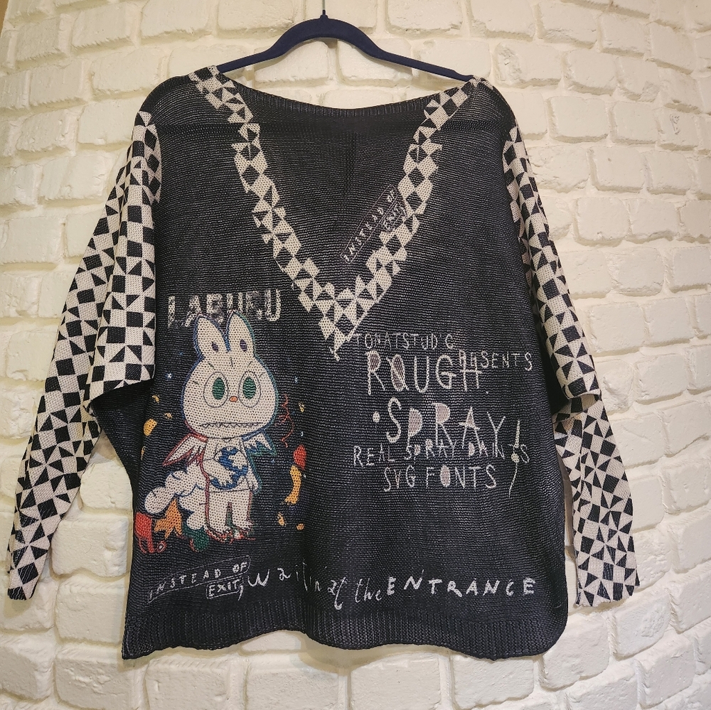 Labubu Print Black & White Graphic Sweater Light Open Knit One Sz Made In Italy